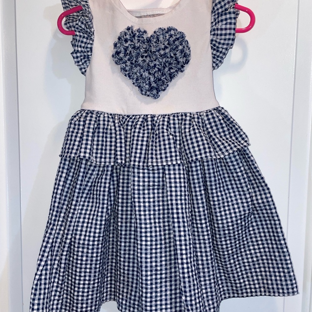 Kids Gingham Heart Dress - Blue and White